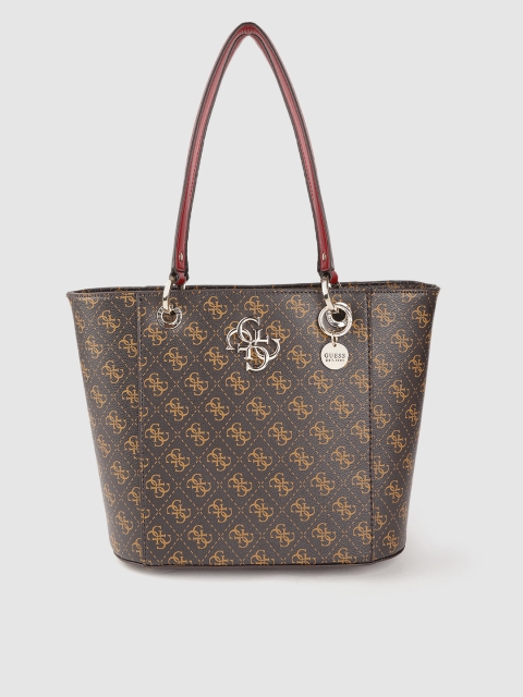 

GUESS Brown Brand Logo Print & Pin Striped Checked Structured Shoulder Bag