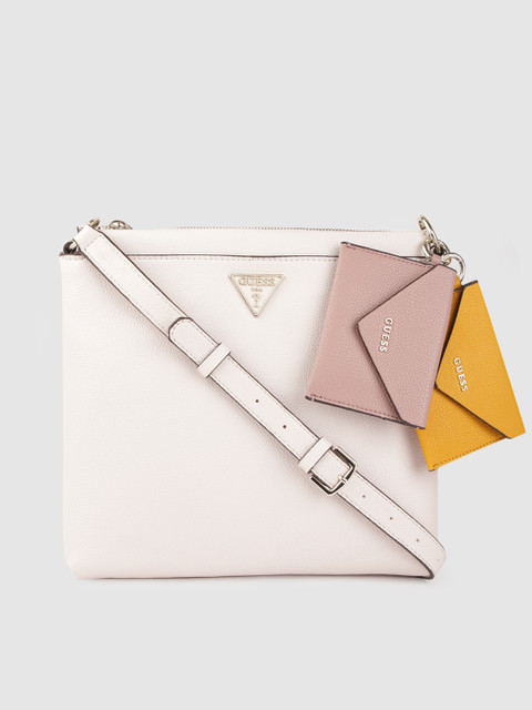

GUESS Women Off-White & Mustard Yellow Structured Sling Bag with 2 Non-Detachable Pouches