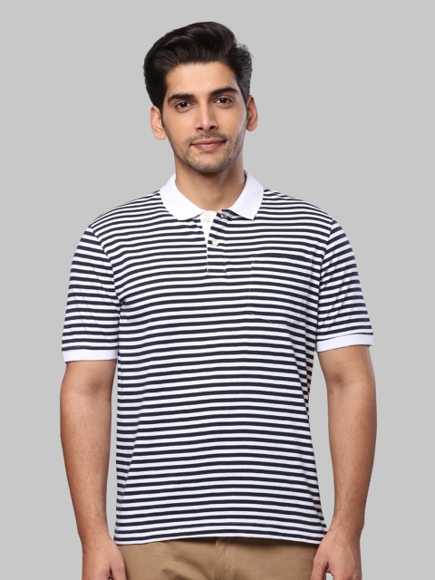 

Next Look Men White & Navy Blue Striped Polo Collar T-shirt