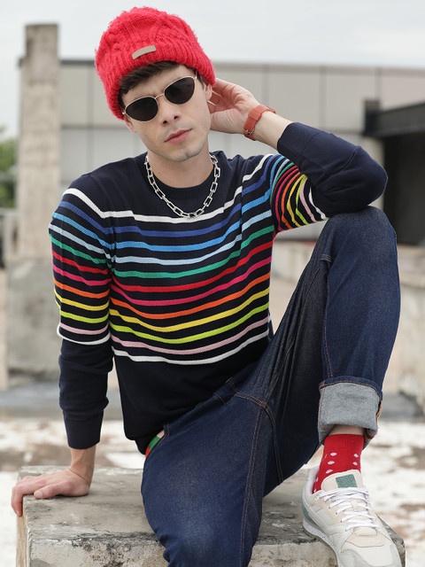 

United Colors of Benetton Men Navy Blue & Yellow Pure Cotton Striped Pullover