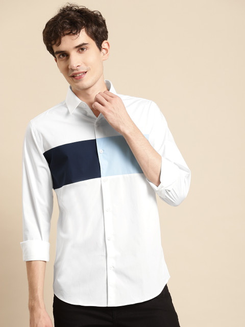

United Colors of Benetton Men White & Navy Blue Slim Fit Colourblocked Casual Shirt