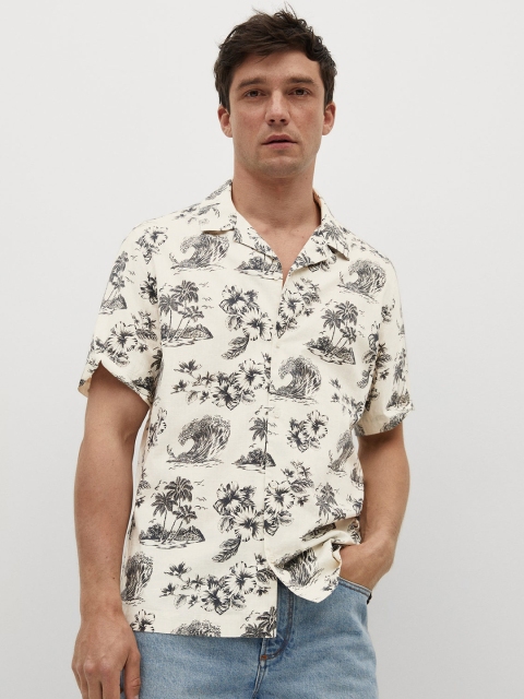 

MANGO MAN Off-White & Black Pure Cotton Floral Print Casual Shirt