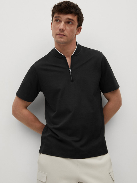 

MANGO MAN Men Black Stand Collar T-shirt