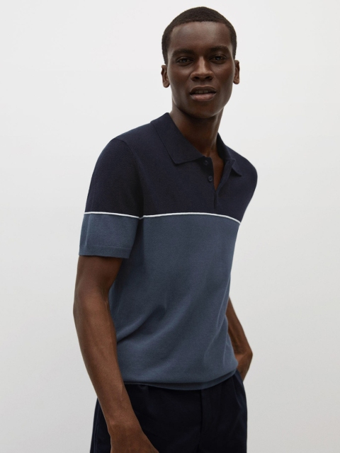 

MANGO MAN Blue Colourblocked Polo Collar T-shirt