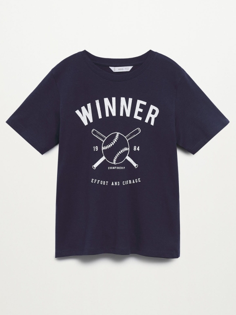 

Mango Kids Boys Navy Blue White Pure Cotton Typography Printed Pure Cotton T-shirt