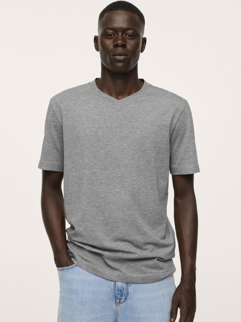 

MANGO MAN Men Grey Melange V-Neck T-shirt