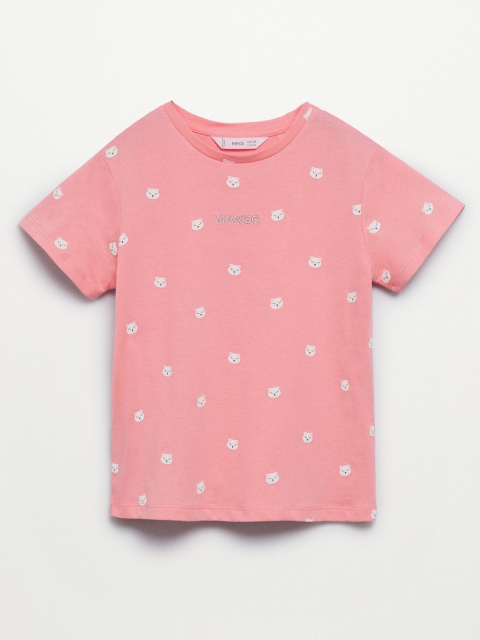 

Mango Kids Girls Pink & White Cat Print Cotton T-shirt