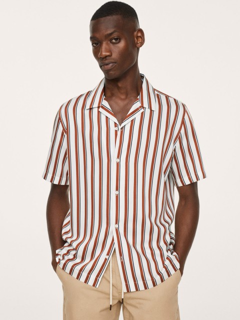 

MANGO MAN White & Mustard Brown Striped Casual Shirt