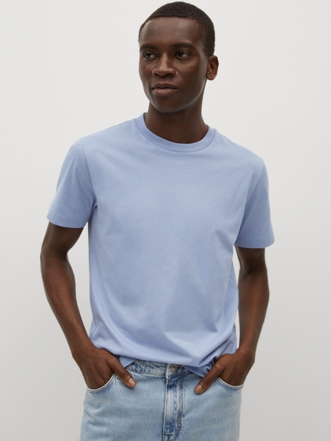 

MANGO MAN Blue Solid Pure Cotton T-shirt