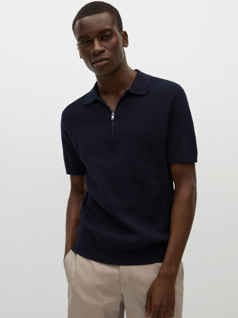 

MANGO MAN Navy Blue Ribbed Spread Collar T-shirt