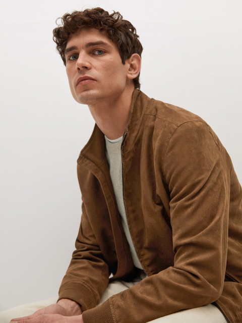 

MANGO MAN Men Brown Suede Finish Bomber Jacket