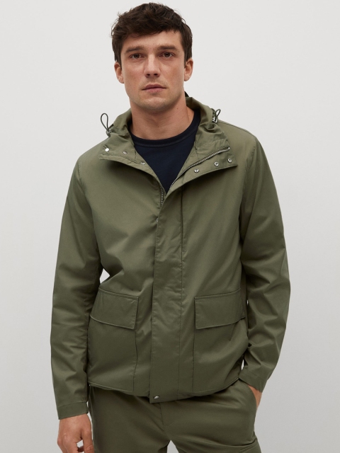 

MANGO MAN Olive Green Solid Hooded Tailored Jacket