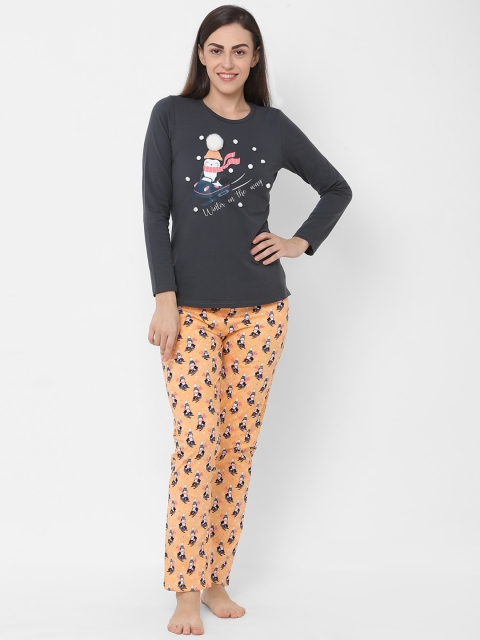 

Sweet Dreams Women Grey & Orange Graphic Printed Cotton Blend Night Suit