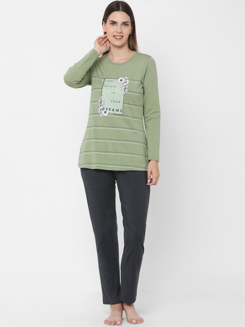 

Sweet Dreams Women Green & Black Striped Printed Cotton Blend Night Suit