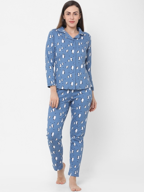 

Sweet Dreams Women Blue Animal Print Top & Pyjama Set