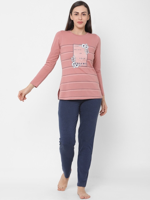 

Sweet Dreams Women Pink & Navy Blue Striped Printed Cotton Blend Night Suit