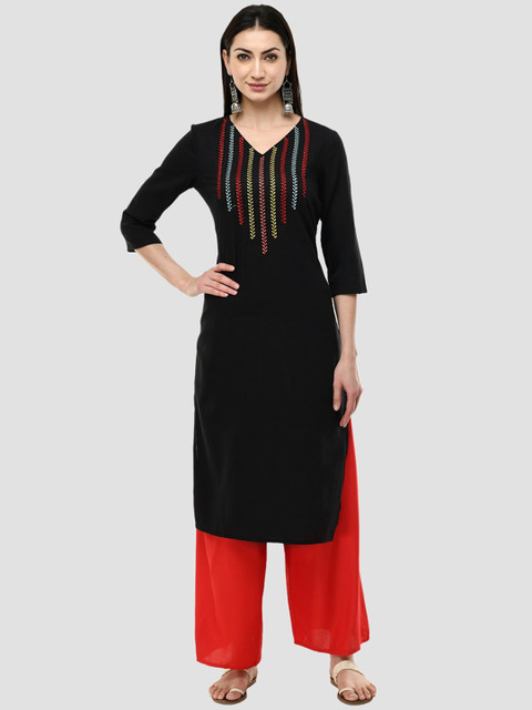 

HERE&NOW Women Black Yoke Design Thread Work Pure Cotton Straight Kurta