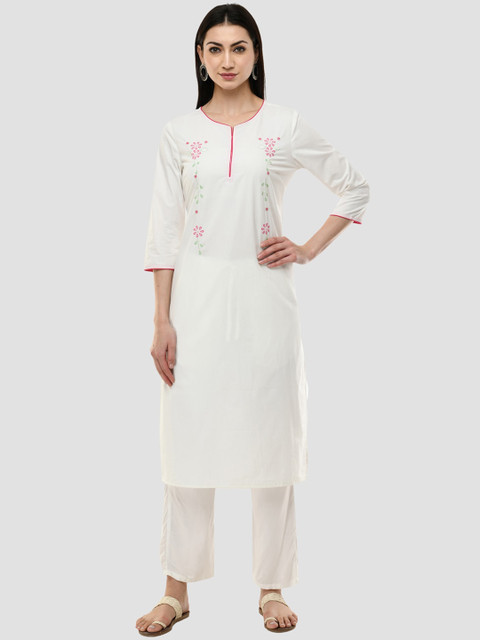 

HERE&NOW Women White Thread Work Pure Cotton White Romance Kurta