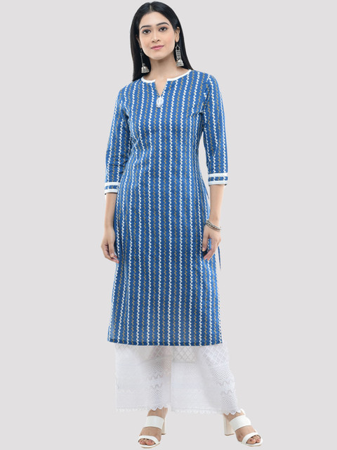 

HERE&NOW Women Blue & Off White Striped Pure Cotton Kurta