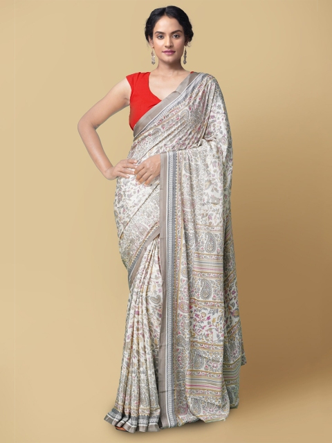

Unnati Silks Cream-Coloured & Grey Paisley Bandhani Sustainable Saree