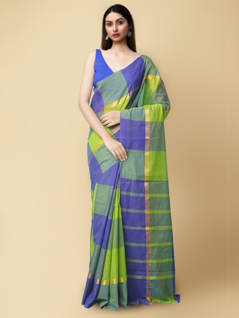 

Unnati Silks Green & Blue Checked Zari Pure Cotton Sustainable Mangalagiri Saree