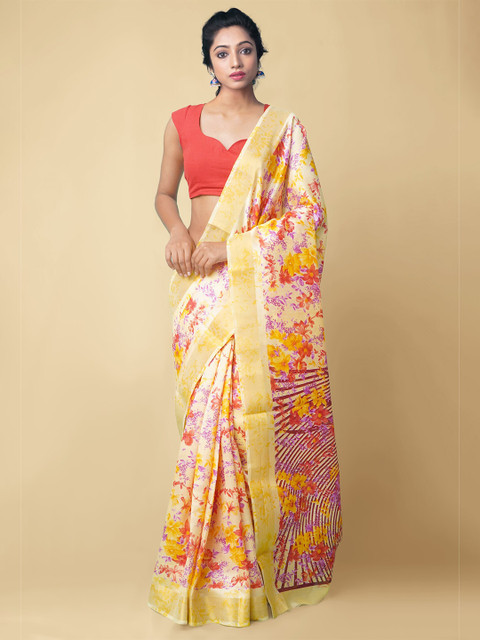

Unnati Silks Yellow & Red Floral Zari Linen Blend Jamdani Sustainable Saree