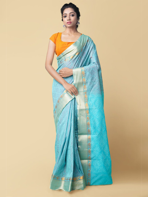 

Unnati Silks Blue & Gold-Toned Woven Design Zari Silk Cotton Kanjeevaram Sustainable Saree