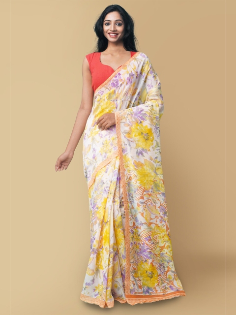 

Unnati Silks Cream-Coloured & Purple Floral Linen Blend Sustainable Jamdani Saree