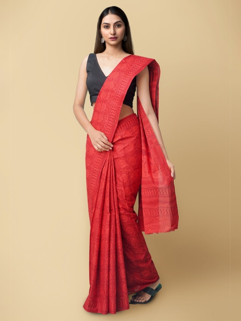 

Unnati Silks Red Floral Pure Cotton Block Print Sustainable Saree