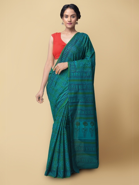 

Unnati Silks Green & Blue Floral Pure Cotton Block Print Sustainable Saree