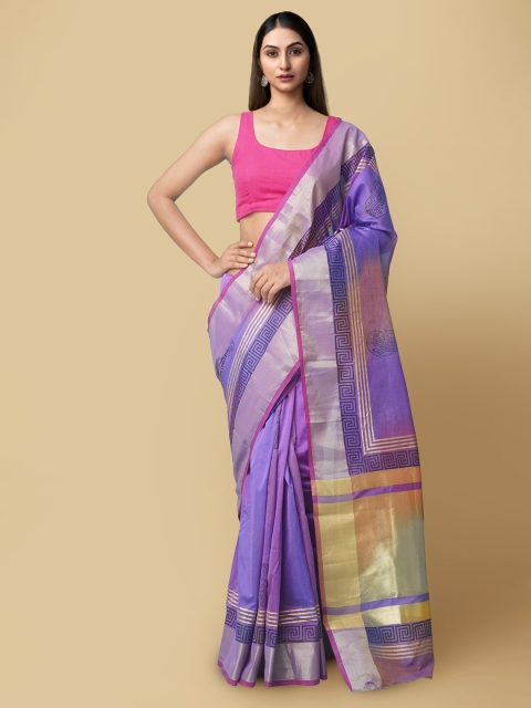 

Unnati Silks Blue & Purple Block Printed Zari Art Silk Sustainable Patola Saree