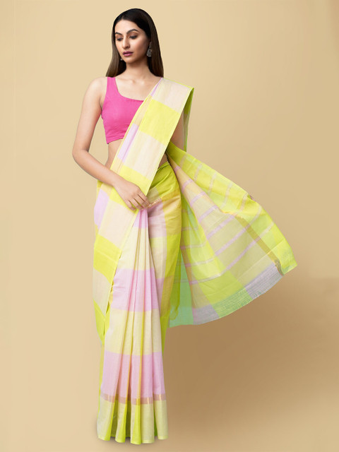 

Unnati Silks Lime Green & Pink Checked Zari Pure Cotton Sustainable Mangalagiri Saree
