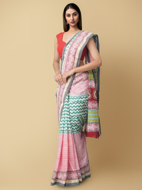 

Unnati Silks Women Pink & Green Pure Block Printed Kerala Cotton Saree