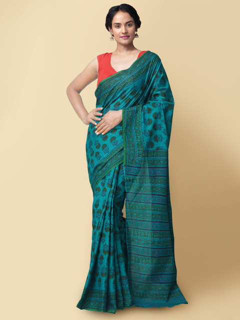 

Unnati Silks Teal & Green Floral Pure Cotton Block Print Sustainable Saree
