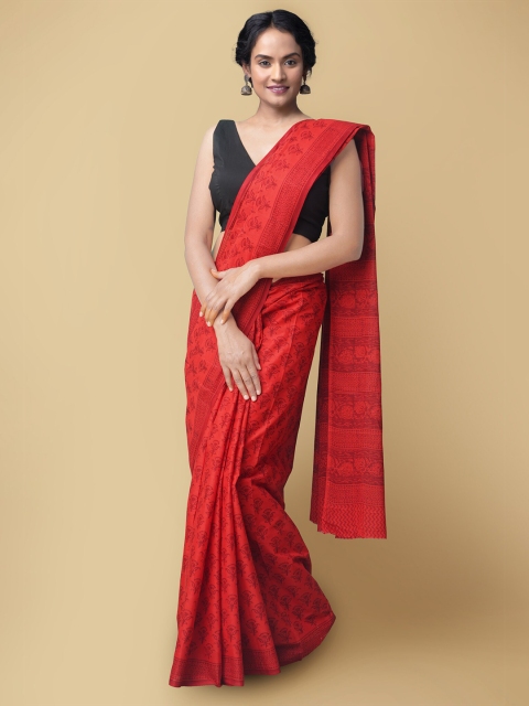 

Unnati Silks Red Floral Pure Cotton Block Print Sustainable Saree