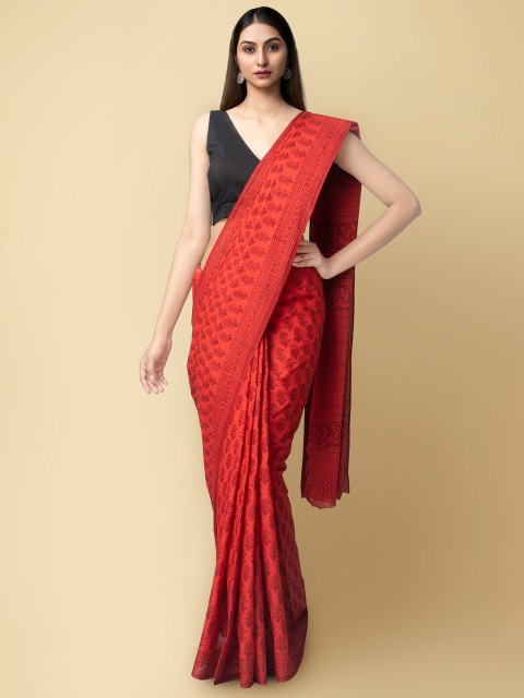 

Unnati Silks Red Floral Pure Cotton Block Print Sustainable Saree