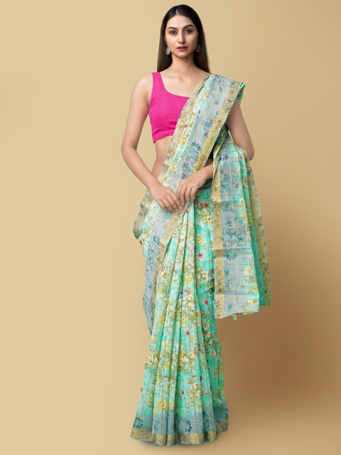 

Unnati Silks Green & Yellow Floral Linen Blend Jamdani Sustainable Saree