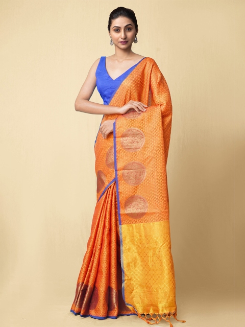 

Unnati Silks Women Orange & Gold-Toned Fancy Art Silk Saree