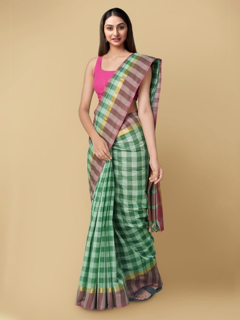 

Unnati Silks Green & Brown Checked Zari Pure Cotton Mangalagiri Sustainable Saree