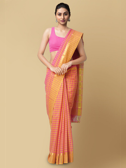 

Unnati Silks Women Pink & Yellow Pure Pavani Mangalagiri Cotton Saree