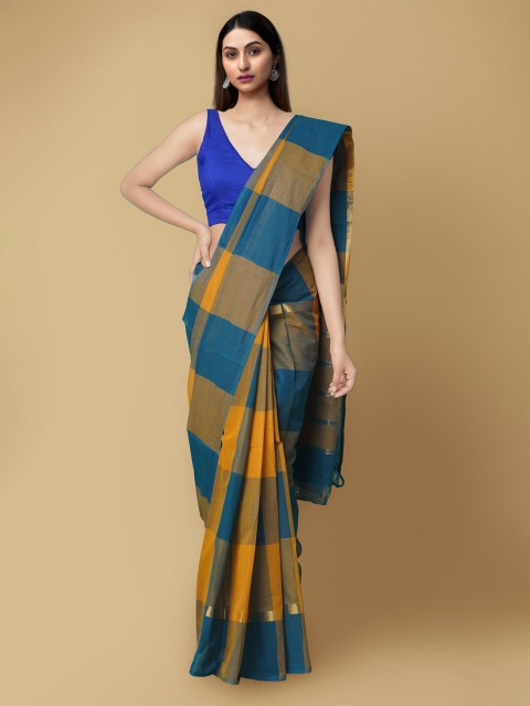 

Unnati Silks Yellow & Blue Checked Zari Pure Cotton Mangalagiri Sustainable Saree
