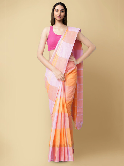 

Unnati Silks Pink & Orange Checked Zari Pure Cotton Mangalagiri Sustainable Saree