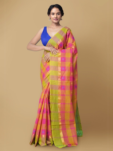 

Unnati Silks Yellow & Pink Checked Zari Pure Cotton Chettinad Sustainable Saree