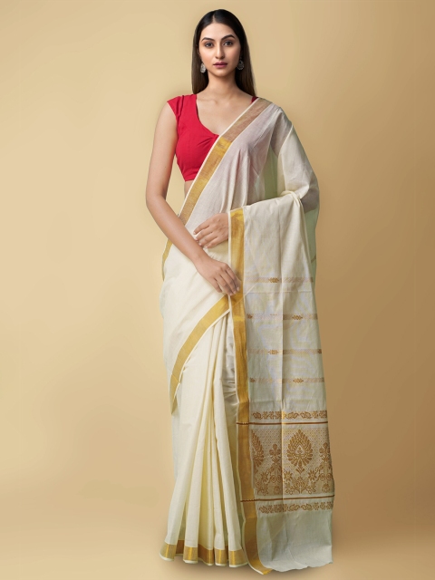 

Unnati Silks Cream-Coloured & Gold-Toned Zari Pure Cotton Kasavu Sustainable Saree