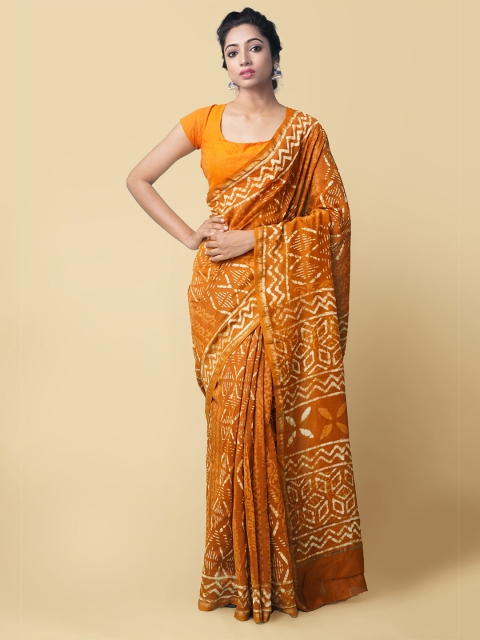 

Unnati Silks Mustard & White Dabu Silk Cotton Chanderi Sustainable Saree