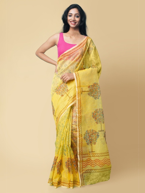 

Unnati Silks Yellow & Brown Floral Supernet Patola Sustainable Saree