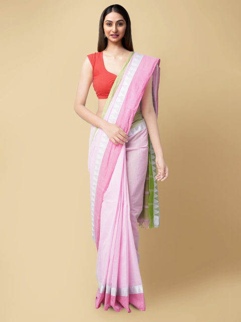 

Unnati Silks Pink & Green Striped Pure Cotton Mangalagiri Sustainable Saree