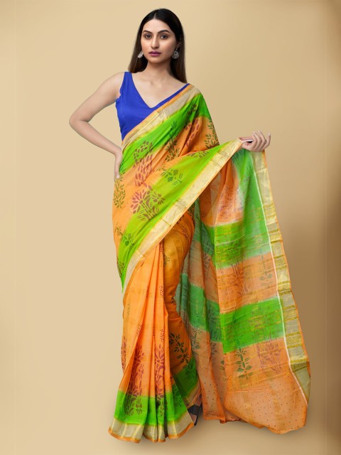 

Unnati Silks Orange & Green Floral Zari Pure Cotton Kasavu Sustainable Saree