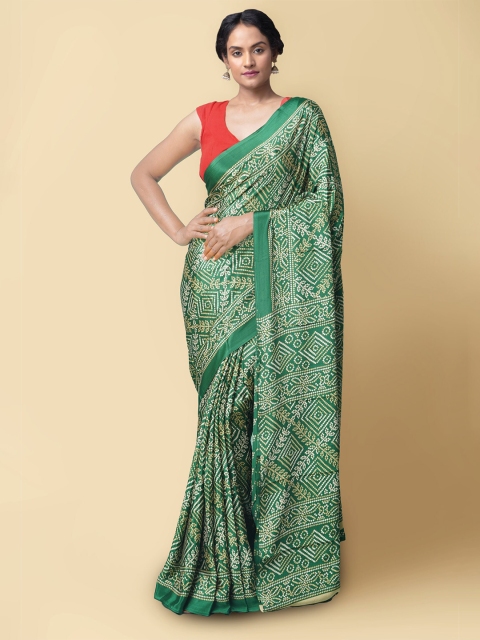 

Unnati Silks Women Green & White Handloom Sustainable Bandhani Crepe Silk Saree