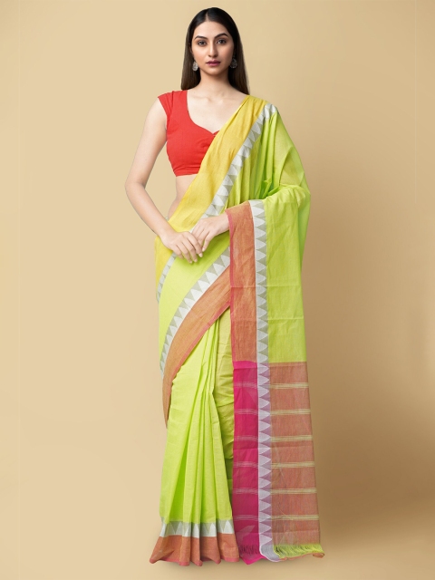 

Unnati Silks Green & Pink Striped Pure Cotton Mangalagiri Sustainable Saree